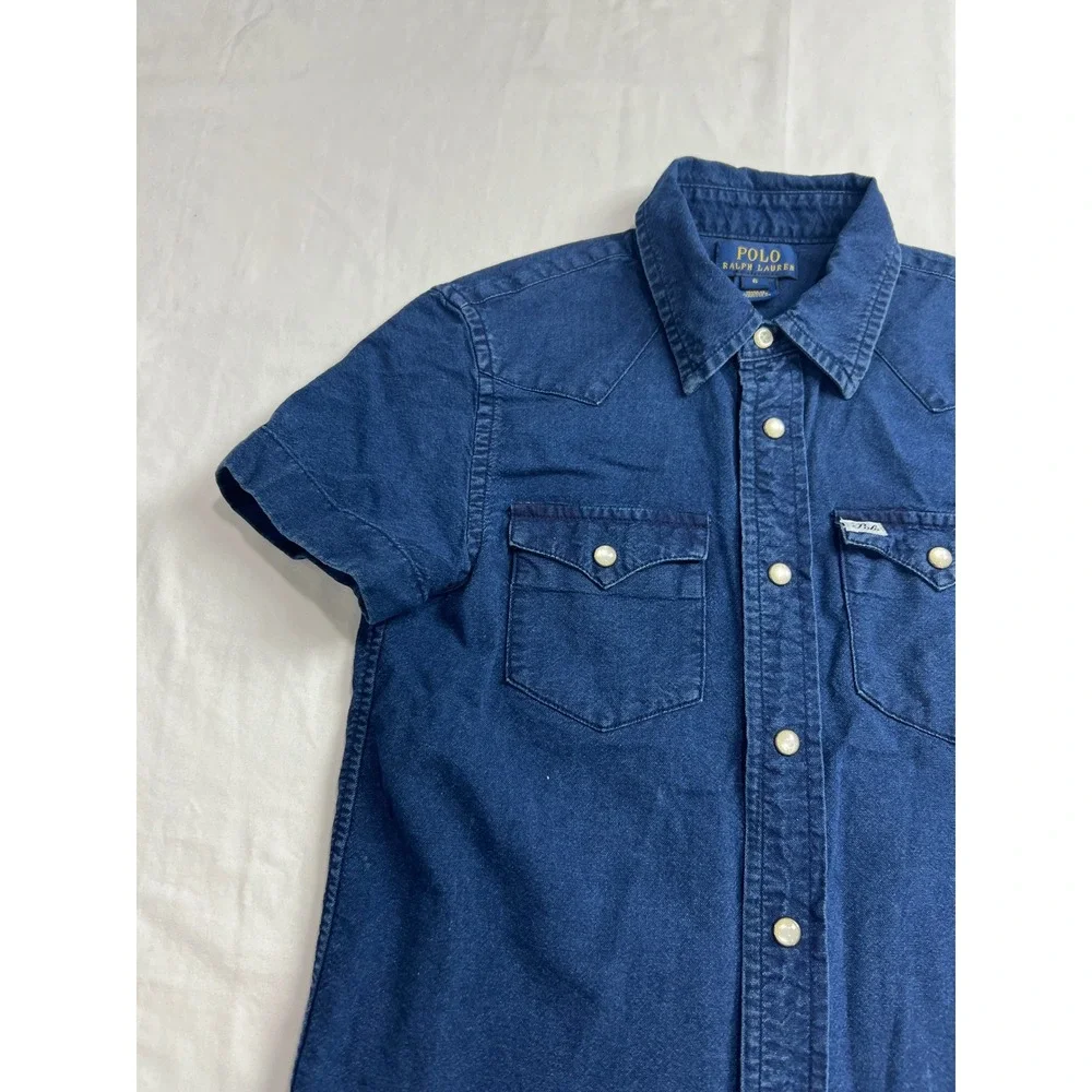 Polo Ralph‎ Lauren Western Denim Shirt Kids 6 Blue Short Sleeve Pearl Snap PA51